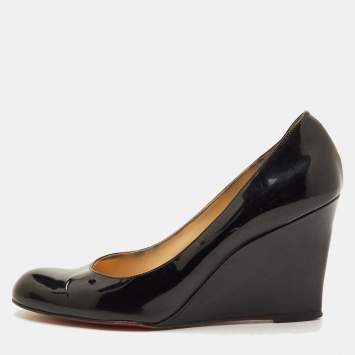 Pre Owned Christian Louboutin Ron Ron Size 38 Black Patent Leather Wedge Pumps
