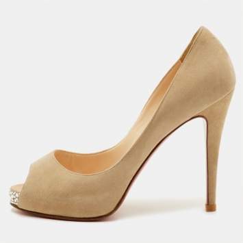 مملوكة مسبقًا Christian Louboutin Prive Size 39 Beige Suede Crystal Platform Peep Toe Pumps