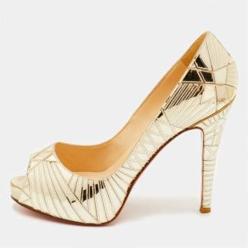 مملوكة مسبقًا Christian Louboutin Size 39 Dull Gold Mirror Leather Very Galaxy Art Deco Peep Toe Pumps