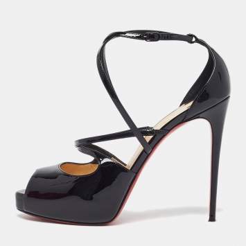 Pre Owned Christian Louboutin Size 38 Black Patent Leather Ankle Strap Sandals