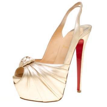 Pre Owned Christian Louboutin Gold Leather Miss Benin Knotted Platform Slingback Sandals Size 40