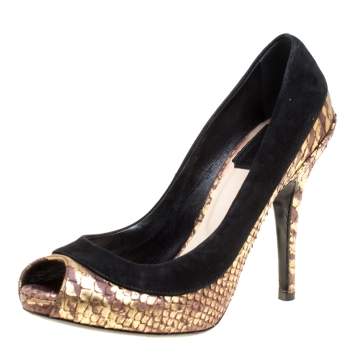 Pre Owned Dior Black/Gold Suede and Python Peep Toe Pumps Size 35.5 