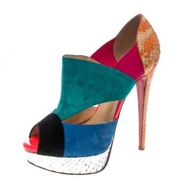 Pre Owned Christian Louboutin Multicolor Suede and Python Leather Pitou Cut Out Platform Pumps Size 37.5