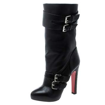 Pre Owned Christian Louboutin Black Python and Leather Loubi Bike Boots Size 37.5