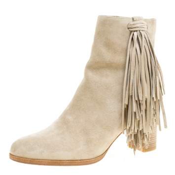 مملوكة مسبقًا Christian Louboutin Beige Suede Jimmy Netta Tassel Detail Block Heel Ankle Boots Size 37.5