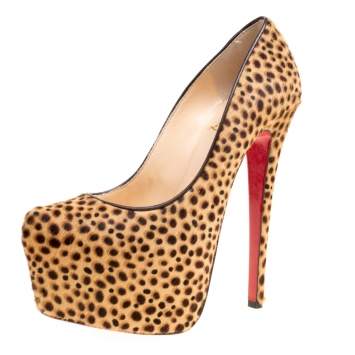 Pre Owned  Christian Louboutin Beige Leopard Print Calf Hair Daffodile Platform Pumps Size 36.5