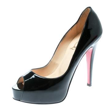 مملوكة مسبقًا Christian Louboutin Black Patent Leather Hyper Prive Peep Toe Platform Pumps Size 37
