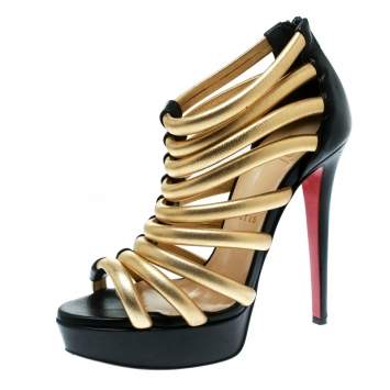 Pre Owned Christian Louboutin Black and Gold Leather Romaine Platform Sandals Size 37