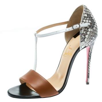 Pre Owned Christian Louboutin Brown Calf/Python Leather True Blue T Strap Sandals Size 36.5