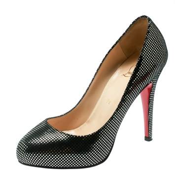 Pre Owned Christian Louboutin Black Suede with Metallic Silver Polka Dots Platform Pumps Size 36