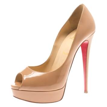 Pre Owned Christian Louboutin Beige Patent Leather Lady Peep Toe Platform Pumps Size 39