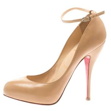 Pre Owned Christian Louboutin Beige Patent Leather Ankle Strap Platform Pumps Size 37.5