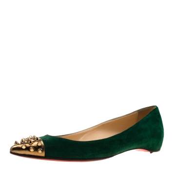 Pre Owned Christian Louboutin Geen Suede And Metallic Gold Spike Cap Toe Geo Pointed Toe Ballet Flats Size 37
