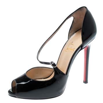 Pre Owned Christian Louboutin Black Patent Grolili Cross-Strap Dórsay Pumps Size 37