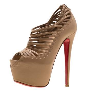 Pre Owned Christian Louboutin Beige Leather Zoulou Platform Peep Toe Cage Sandals Size 36.5