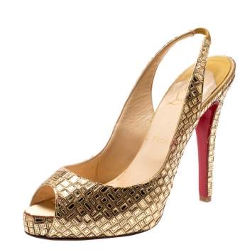 Pre Owned Christian Louboutin Metallic Gold Mirror And Satin Prive Mosaique Peep Toe Pump Size 41