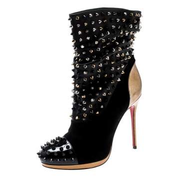 Pre Owned Christian Louboutin Black Patent Leather And Suede Spike Wars Ankle Boots Size 37.5