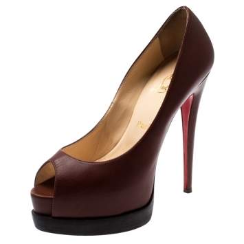 Pre Owned Christian Louboutin Brown Leather Peep toe  Platform Pumps Size 38.5