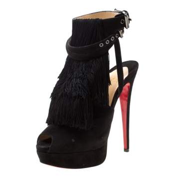 Pre Owned Christian Louboutin Black Suede Change Of The Guard Cross Strap Ankle Sandals Size 37.5