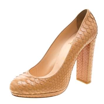 Pre Owned Christian Louboutin Beige Python Leather Block Heel Pumps Size 39.5