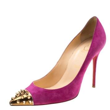 Pre Owned Christian Louboutin Pink Suede Geo Spike Studded Cap Toe Pumps Size 39.5