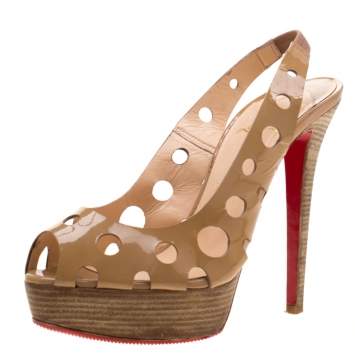 Pre Owned Christian Louboutin Beige Patent Leather Ginza Platform Slingback Sandals Size 38.5