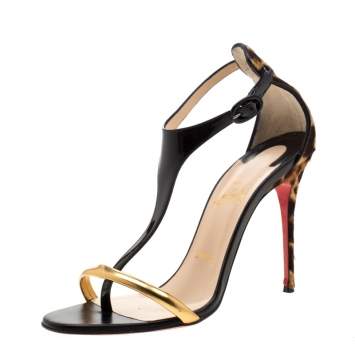 Pre Owned Christian Louboutin Leopard Print Pony Hair And Patent Leather Athena Alta T-Strap Open Toe Sandals Size 38.5