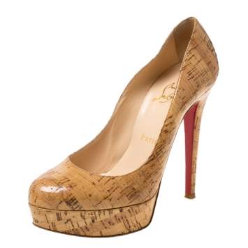 Pre Owned Christian Louboutin Beige Cork Bianca Platform Pumps Size 37