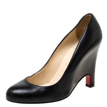 Pre Owned Christian Louboutin Black Leather Wedge Pumps Size 38