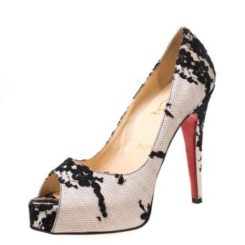 Pre Owned Christian Louboutin Black/Light Pink Lace and Satin Very Prive Peep Toe Pumps Size 38