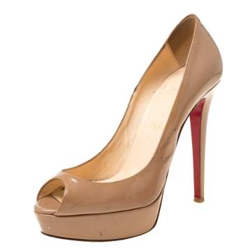 Pre Owned Christian Louboutin Beige Patent Leather Lady Peep Toe Platform Pumps 38.5