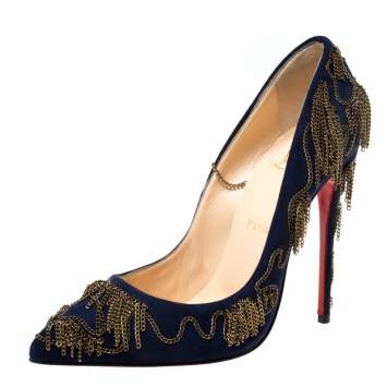 Pre Owned Christian Louboutin Blue Suede Doly Party Chain Embellished Pointed Toe Pumps Size 38.5
