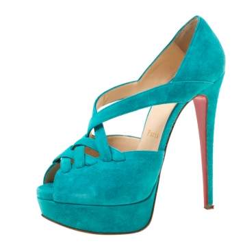 Pre Owned Christian Louboutin Turquoise Suede Lady Corset Criss Cross Platform Pumps Size 36.5