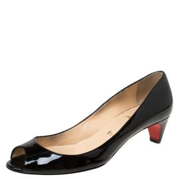 Pre Owned Christian Louboutin Black Patent Leather Peep Toe Pumps Size 38