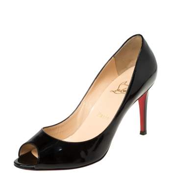 Pre Owned Christian Louboutin Black Patent Leather Flo Peep Toe Pumps Size 38