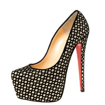 Pre Owned Christian Louboutin Black/Gold Glitter Floque and Suede Daffodile Platform Pumps Size 38.5