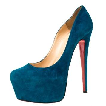 Pre Owned Christian Louboutin Teal Green Suede Daffodile Platform Pumps Size 38.5