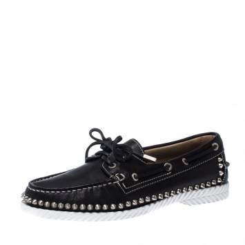 Pre Owned Christian Louboutin Black Leather Steckel Spike Boat Loafers Size 38.5