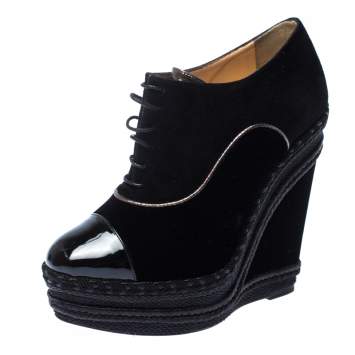 Pre Owned Christian Louboutin Black Velvet and Suede Lace Espadrilles Wedge Booties Size 36.5