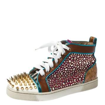 مملوكة مسبقًا Christian Louboutin Multicolor Crystal Embellished Leopard Print Calfhair and Leather Spikes High-Top Sneakers Size 36