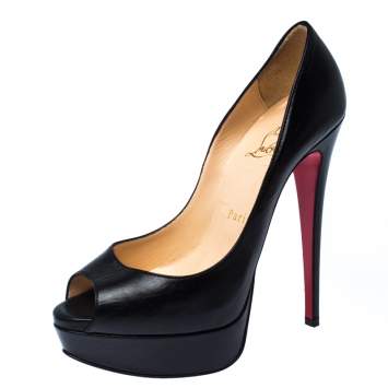 Pre Owned Christian Louboutin Black Leather Lady Peep Toe Pumps Size 36.5