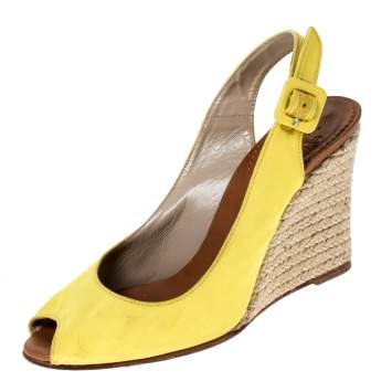 Pre Owned Christian Louboutin Yellow Canvas Wedge Peep Toe Slingback Sandals Size 36