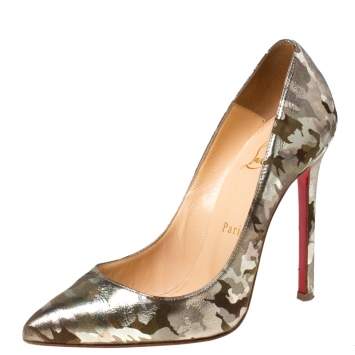 Pre Owned Christian Louboutin Metallic Camouflage Print Leather Pigalle Pointed Toe Pumps Size 36.5