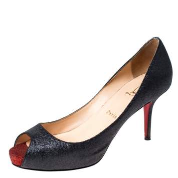 Pre Owned Christian Louboutin Black Glitter Mini Titi 120 Peep Toe Pumps Size 38.5