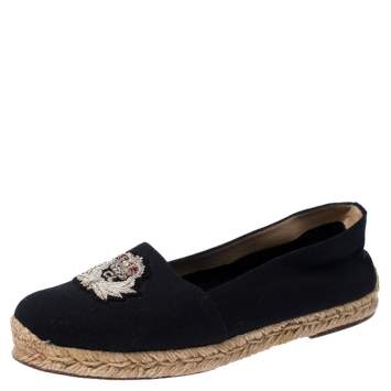 Pre Owned Christian Louboutin Navy Blue Canvas Gala Embroidered Crest Espadrille Loafers Size 39