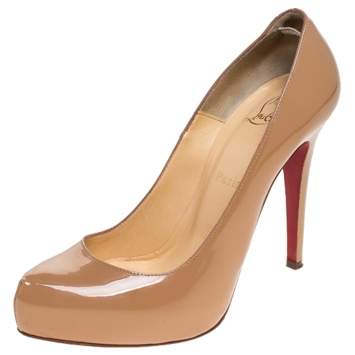 Pre Owned Christian Louboutin Beige Patent Leather Rolando Hidden Platform Pumps Size 38.5