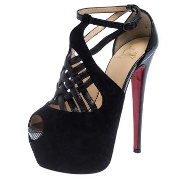 Pre Owned Christian Louboutin Black Patent Leather and Suede Carlota Platform Ankle Strap Sandals Size 37.5