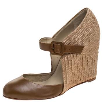 Pre Owned Christian Louboutin Brown Leather And Espadrille Praia 140mm Wedge Pumps Size 40