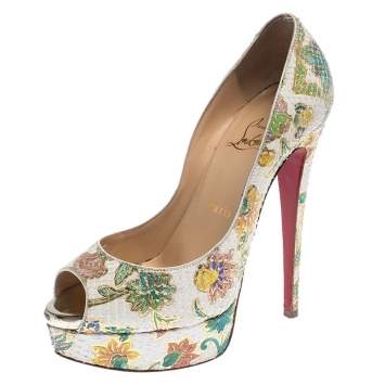 Pre Owned Christian Louboutin Multicolor Floral Print Python Lady Peep Toe Platform Pumps Size 37