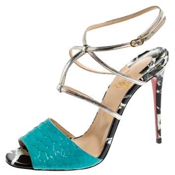 Pre Owned Christian Louboutin Multicolor Python and Patent Leather Open Toe Ankle Strap Size 40
